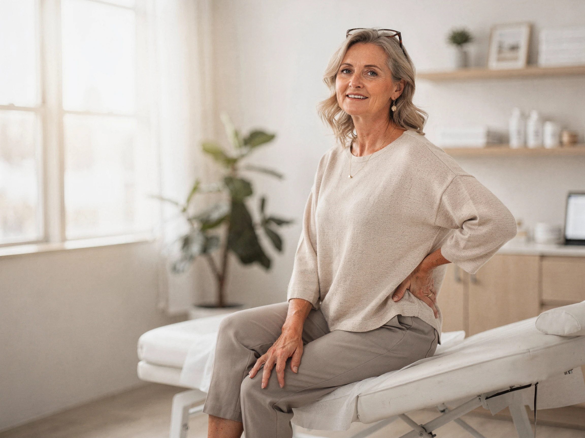 Woman sitting on examination table, holding lower back, in bright clinical room with shelving and plants